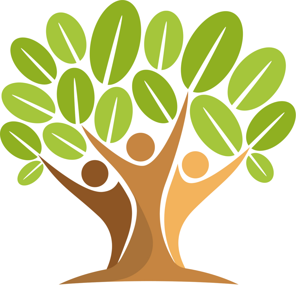 Illustration of a tree with human figures forming its trunk and branches, symbolizing community, unity, and growth